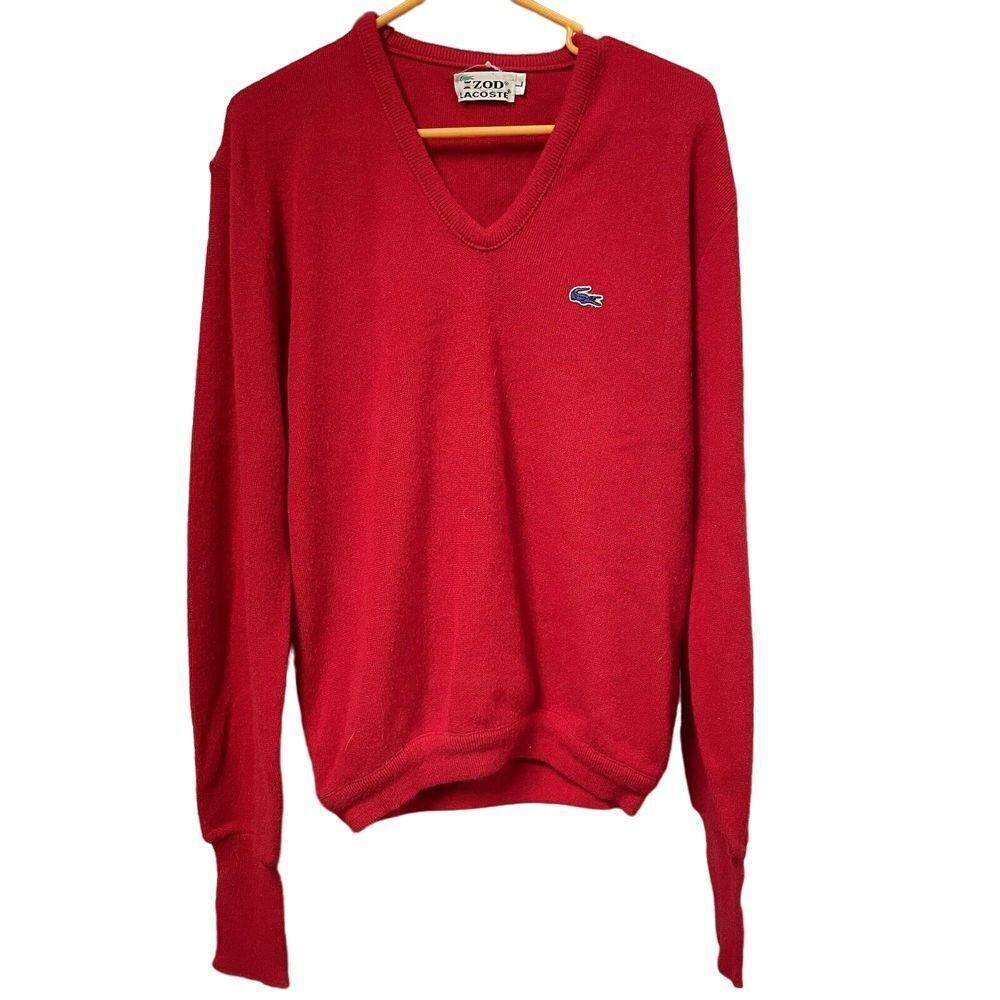 VTG IZOD LACOSTE Sweater Mens Large Vneck Grandpa‎ RED Logo Luxury NYC Golf